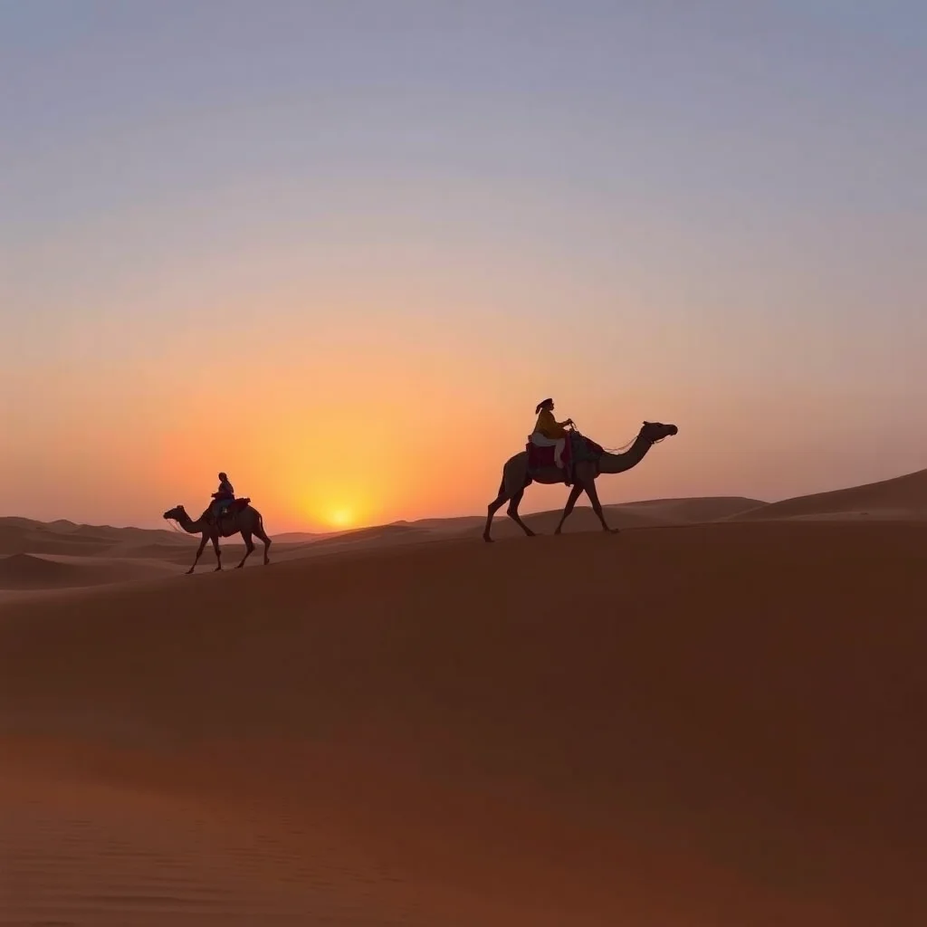 Camel caravan crossing UAE desert dunes at sunset, photorealistic