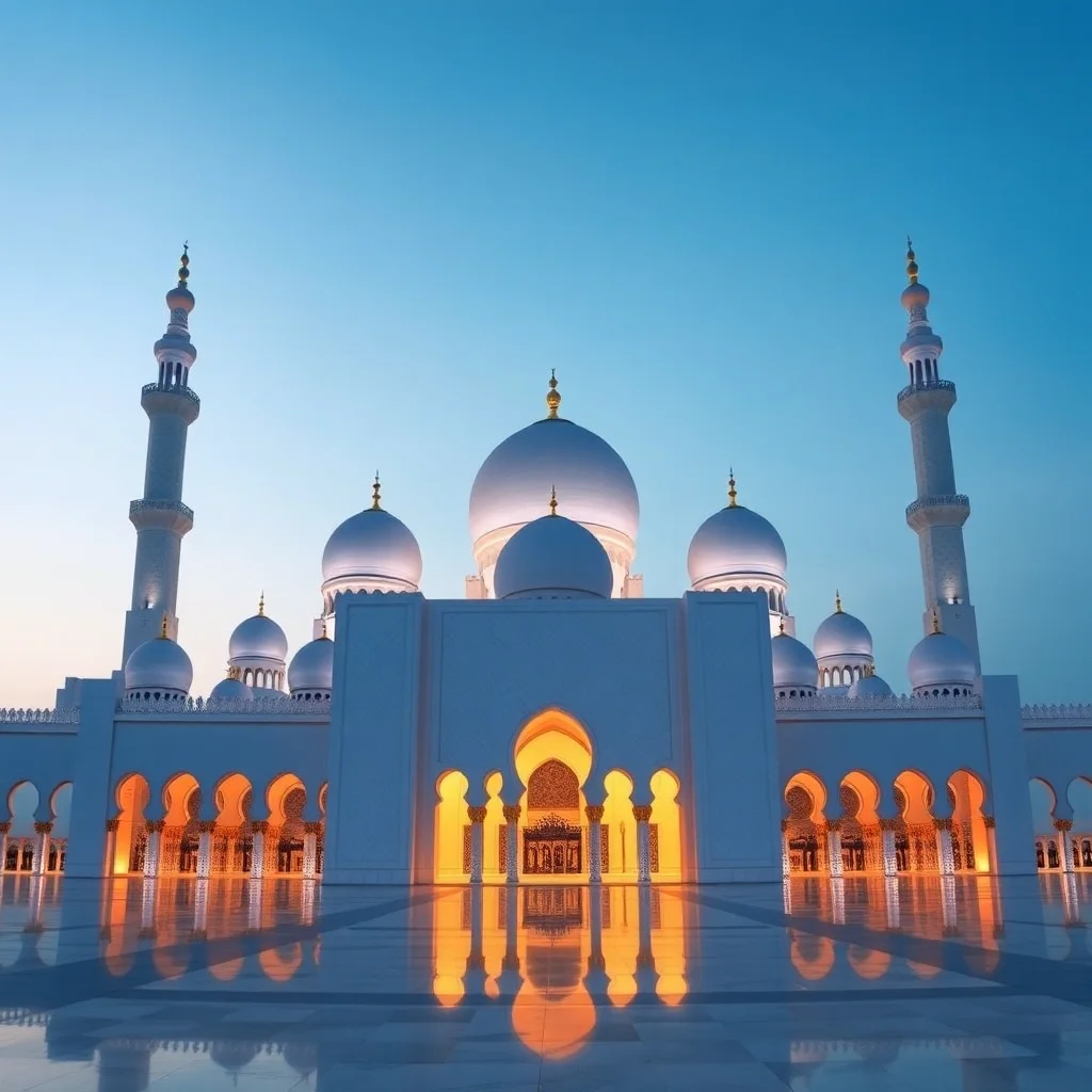 Beautiful Sheikh Zayed Grand Mosque at blue hour, soft lights, marble