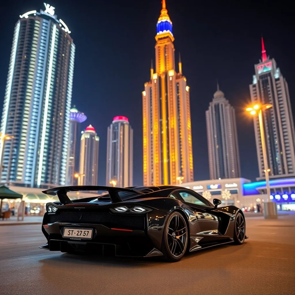 Black supercar parked in front of Dubai Marina towers, neon lights